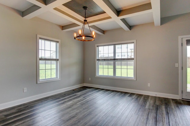1331 Juniper Pass, Clarksville, TN 37043 - spare room with coffered ceiling, a chandelier, dark wood-type flooring, and beam ceiling