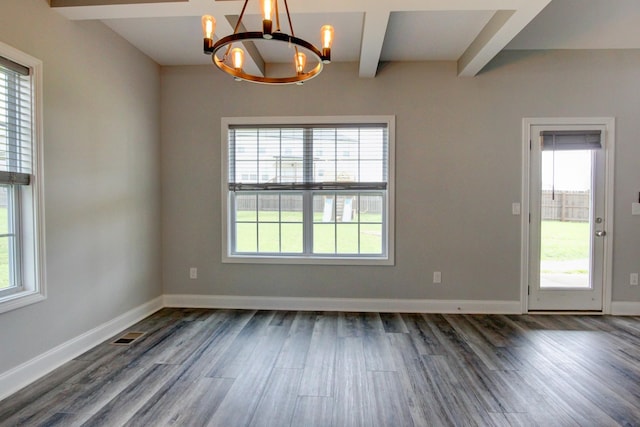 1331 Juniper Pass, Clarksville, TN 37043 - unfurnished dining area with a chandelier, dark wood finished floors, healthy amount of natural light, and beam ceiling