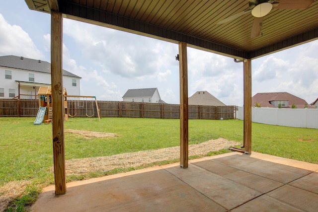 1331 Juniper Pass, Clarksville, TN 37043 - fenced backyard featuring a ceiling fan, a patio area, and a playground