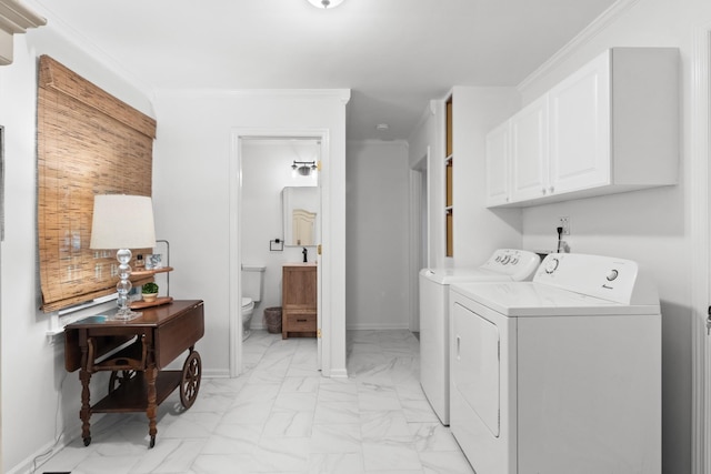 5191 Still House Hollow Rd, Franklin, TN 37064 - washroom featuring light marble finish flooring, cabinet space, independent washer and dryer, and ornamental molding