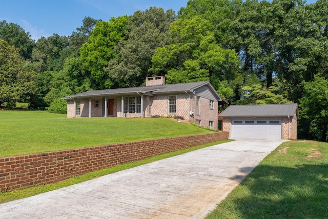 2411 Woolson Rd, Chattanooga, TN 37406 - ranch-style home featuring an outbuilding, concrete driveway, a front lawn, brick siding, and a chimney