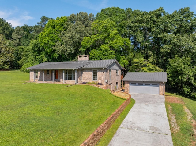 2411 Woolson Rd, Chattanooga, TN 37406 - view of front of house featuring brick siding, an outbuilding, a front yard, and covered porch