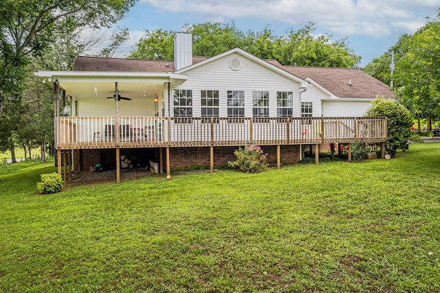 3330 Booker Farm Rd, Mount Pleasant, TN 38474 - rear view of property with ceiling fan, a chimney, a deck, and a yard