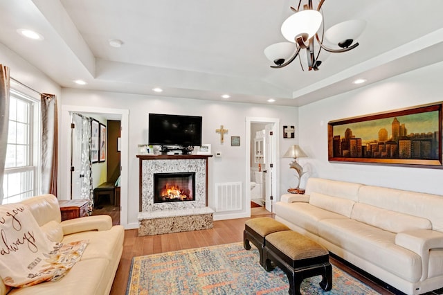 189 Cross Creek Dr, Manchester, TN 37355 - living area featuring a raised ceiling, wood finished floors, recessed lighting, and a high end fireplace