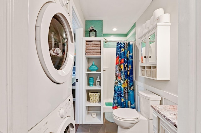 189 Cross Creek Dr, Manchester, TN 37355 - bathroom featuring estacked washer and dryer, a stall shower, tile patterned flooring, vanity, and recessed lighting