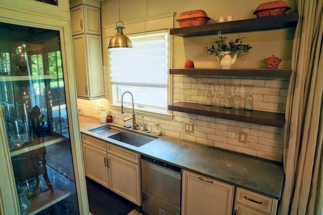 450 Lowe Branch Rd, Centerville, TN 37033 - kitchen featuring open shelves, stainless steel dishwasher, decorative backsplash, and hanging light fixtures