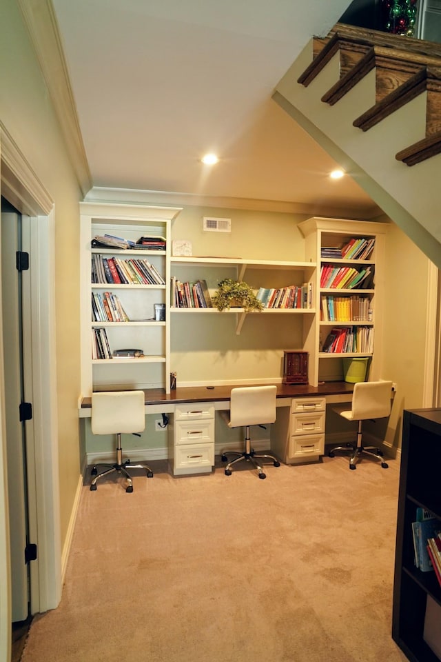 450 Lowe Branch Rd, Centerville, TN 37033 - carpeted office featuring built in desk, ornamental molding, and recessed lighting