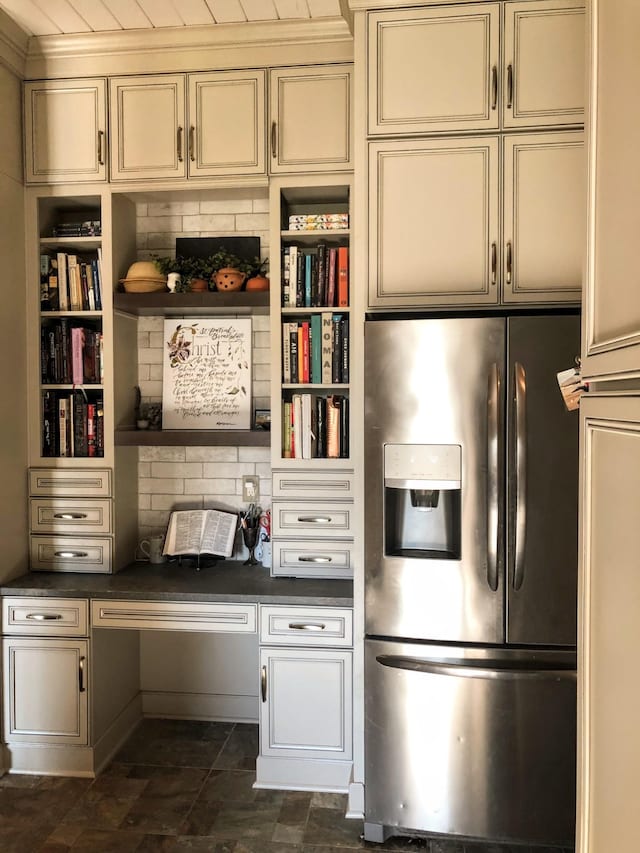 450 Lowe Branch Rd, Centerville, TN 37033 - kitchen featuring stainless steel fridge, open shelves, dark countertops, cream cabinetry, and built in study area