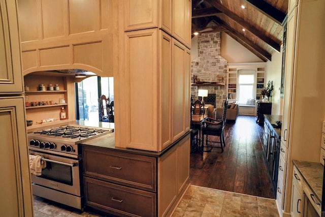 450 Lowe Branch Rd, Centerville, TN 37033 - kitchen featuring stainless steel range, high vaulted ceiling, open floor plan, arched walkways, and dark countertops