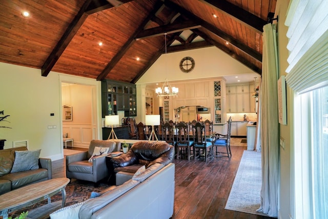 450 Lowe Branch Rd, Centerville, TN 37033 - living room with a chandelier, dark wood-style floors, high vaulted ceiling, and a wood ceiling with exposed beams