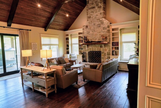 450 Lowe Branch Rd, Centerville, TN 37033 - living area featuring a wooden ceiling with exposed beams, dark wood finished floors, high vaulted ceiling, a fireplace, and built in shelves