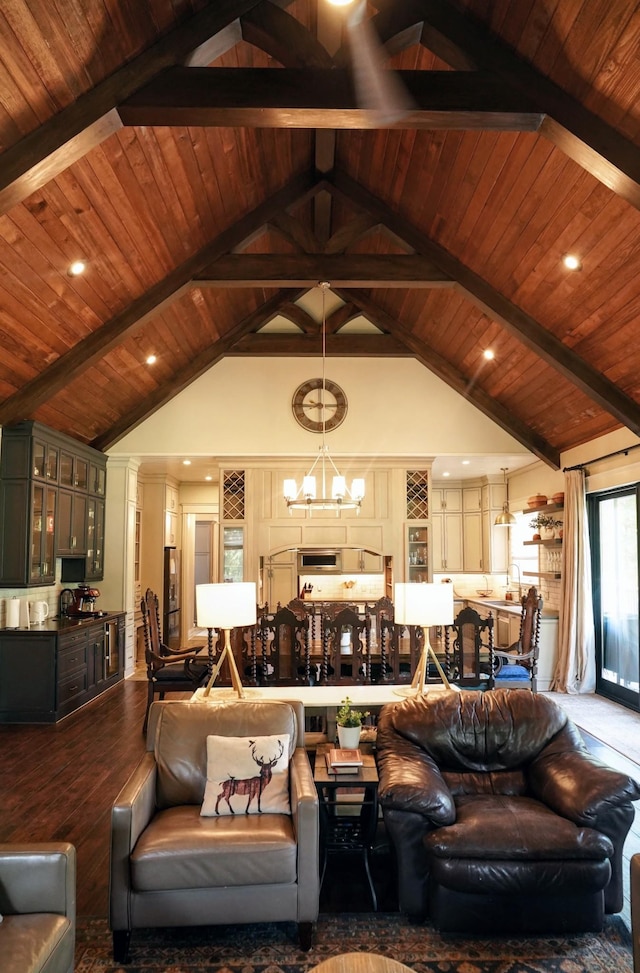 450 Lowe Branch Rd, Centerville, TN 37033 - living room featuring a wooden ceiling with exposed beams, a chandelier, recessed lighting, high vaulted ceiling, and dark wood-style floors
