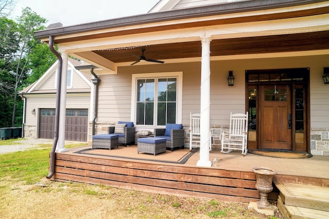 450 Lowe Branch Rd, Centerville, TN 37033 - wooden porch with a garage and a ceiling fan