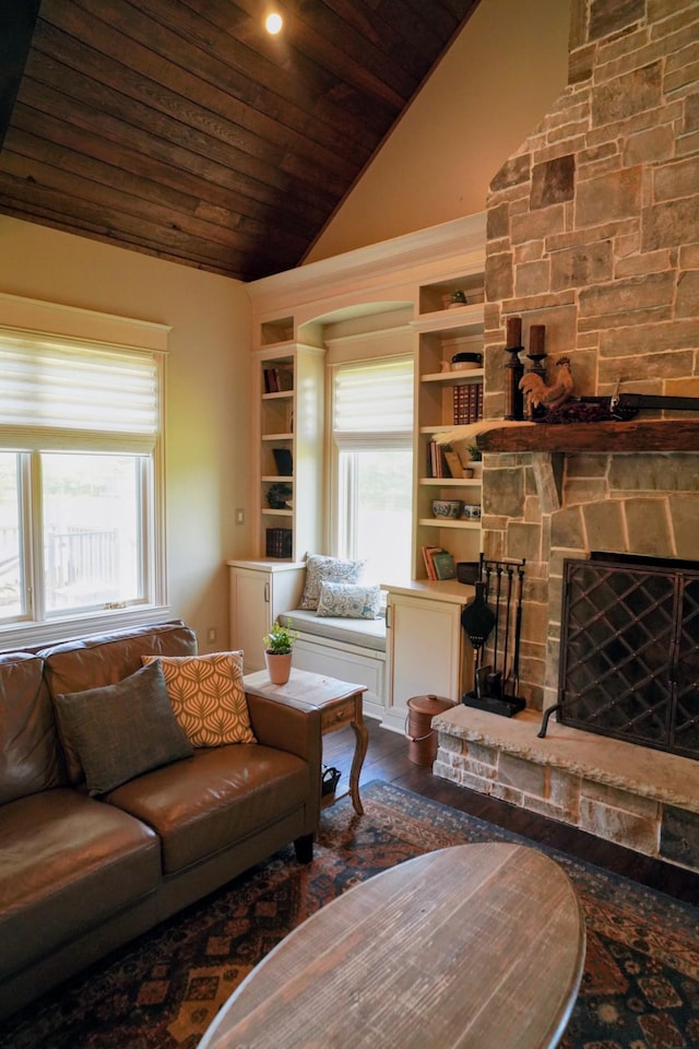 450 Lowe Branch Rd, Centerville, TN 37033 - living room featuring built in shelves, vaulted ceiling, plenty of natural light, wooden ceiling, and wood finished floors