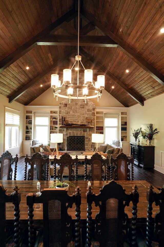 450 Lowe Branch Rd, Centerville, TN 37033 - dining room featuring built in shelves, a chandelier, wooden ceiling, and wood finished floors