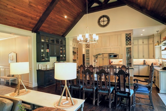 450 Lowe Branch Rd, Centerville, TN 37033 - dining area with dark wood-type flooring, a chandelier, high vaulted ceiling, and a wood ceiling with exposed beams