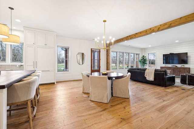 1249 Wilson School Rd, Chapel Hill, TN 37034 - dining area with a chandelier, light wood finished floors, healthy amount of natural light, recessed lighting, and beamed ceiling