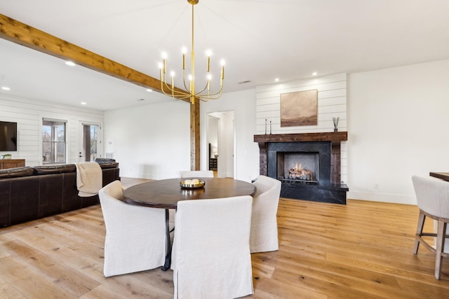 1249 Wilson School Rd, Chapel Hill, TN 37034 - dining area with recessed lighting, light wood-style floors, a high end fireplace, beamed ceiling, and a chandelier
