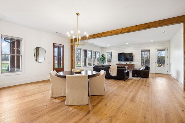 1249 Wilson School Rd, Chapel Hill, TN 37034 - dining area with a chandelier, light wood-type flooring, beam ceiling, and recessed lighting
