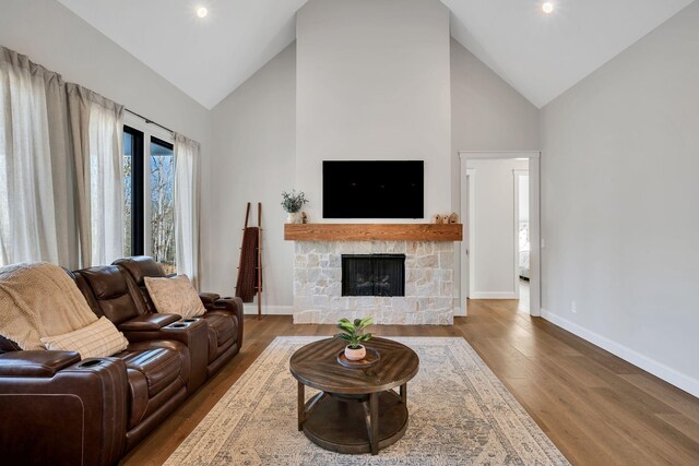 673 Billy Wynn Rd, Dickson, TN 37055 - living area featuring high vaulted ceiling, wood finished floors, and a fireplace