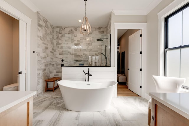 1036 Wilderness Way, Cottontown, TN 37048 - bathroom featuring vanity, a walk in shower, a freestanding bath, recessed lighting, and a chandelier
