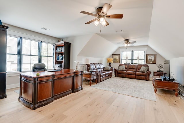 1036 Wilderness Way, Cottontown, TN 37048 - office area featuring ceiling fan, light wood-type flooring, and lofted ceiling