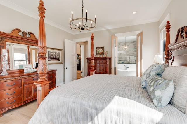1036 Wilderness Way, Cottontown, TN 37048 - bedroom featuring a chandelier, light wood finished floors, ensuite bath, recessed lighting, and crown molding