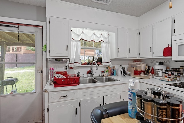 460 E Georgia Ave, Whitwell, TN 37397 - kitchen with white microwave, white cabinetry, light countertops, a textured ceiling, and healthy amount of natural light