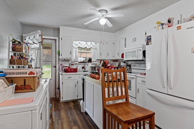 460 E Georgia Ave, Whitwell, TN 37397 - kitchen featuring white appliances, a textured ceiling, ceiling fan, dark wood finished floors, and light countertops