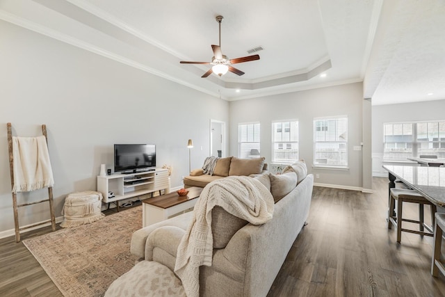 2122 Oak Dr, Murfreesboro, TN 37128 - living room with a tray ceiling, ceiling fan, dark wood-type flooring, crown molding, and recessed lighting