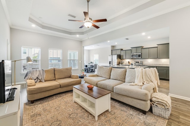 2122 Oak Dr, Murfreesboro, TN 37128 - living room featuring light wood-style flooring, a raised ceiling, healthy amount of natural light, a ceiling fan, and ornamental molding