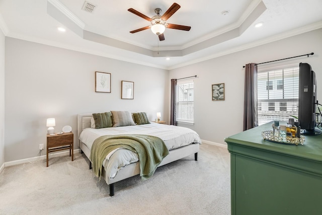 2122 Oak Dr, Murfreesboro, TN 37128 - bedroom with ornamental molding, light carpet, a tray ceiling, recessed lighting, and ceiling fan