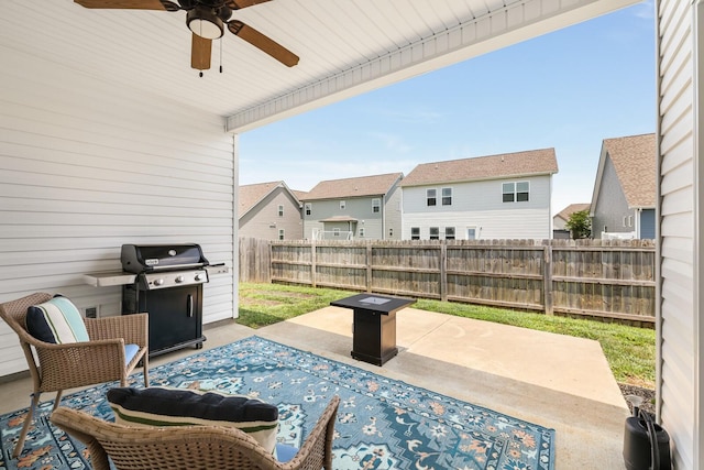 2122 Oak Dr, Murfreesboro, TN 37128 - fenced backyard featuring area for grilling, a patio area, ceiling fan, and a residential view