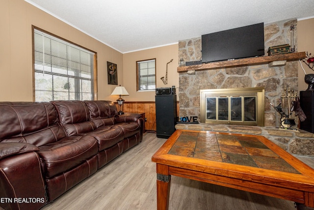 311 E Chestnut Hill Rd, Townsend, TN 37882 - living room with a fireplace, crown molding, light wood finished floors, wainscoting, and wooden walls