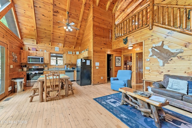 1615 Mountain Dreams Way, Sevierville, TN 37862 - living area featuring wooden walls, high vaulted ceiling, light wood finished floors, ceiling fan, and wooden ceiling