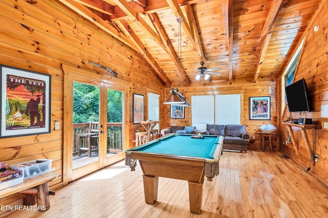 1615 Mountain Dreams Way, Sevierville, TN 37862 - playroom with wood walls, wood ceiling, hardwood / wood-style floors, ceiling fan, and billiards table