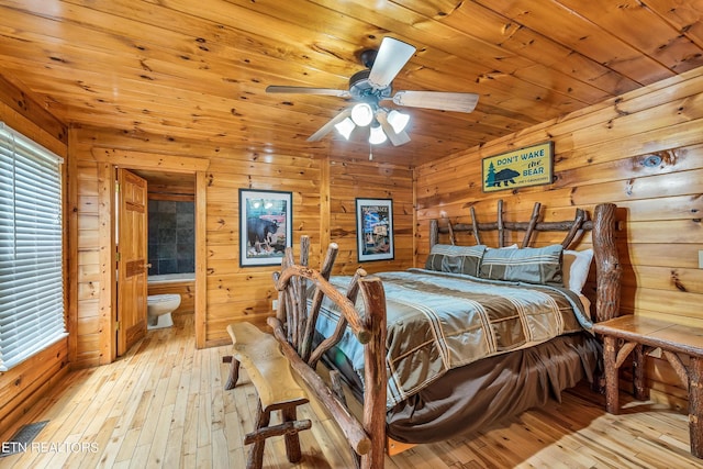 1615 Mountain Dreams Way, Sevierville, TN 37862 - bedroom featuring wooden walls, wood ceiling, light wood-type flooring, and connected bathroom