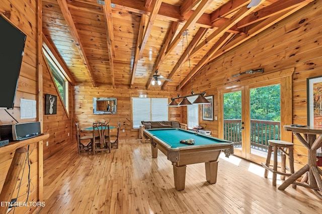 1615 Mountain Dreams Way, Sevierville, TN 37862 - rec room featuring wooden walls, wooden ceiling, light wood-style flooring, french doors, and pool table