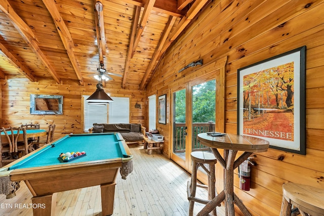 1615 Mountain Dreams Way, Sevierville, TN 37862 - playroom with wooden walls, wooden ceiling, hardwood / wood-style flooring, a ceiling fan, and pool table