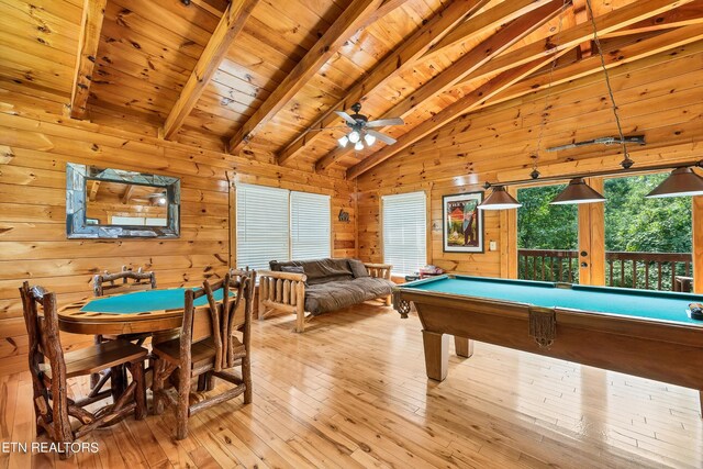 1615 Mountain Dreams Way, Sevierville, TN 37862 - recreation room with light wood-style flooring, billiards, wooden walls, wood ceiling, and a ceiling fan