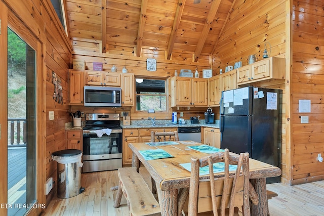 1615 Mountain Dreams Way, Sevierville, TN 37862 - kitchen with stainless steel appliances, wooden ceiling, light wood-style floors, wood walls, and light brown cabinetry