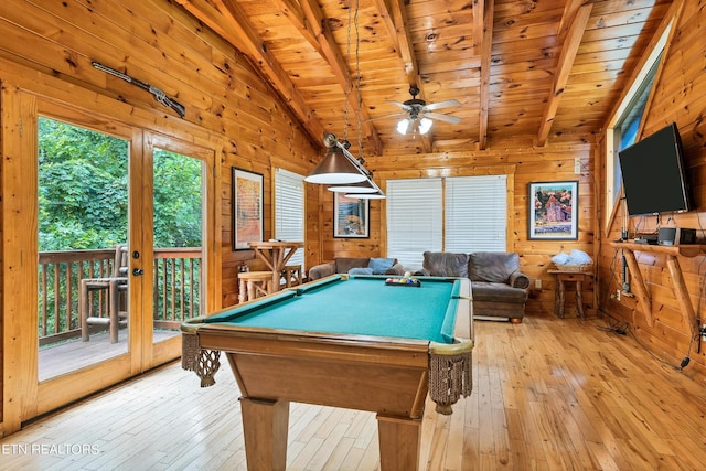 1615 Mountain Dreams Way, Sevierville, TN 37862 - rec room with wood ceiling, wood walls, light wood-style floors, ceiling fan, and pool table