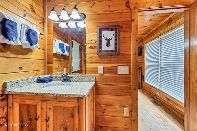 1615 Mountain Dreams Way, Sevierville, TN 37862 - bathroom with wooden walls, vanity, and wood-type flooring