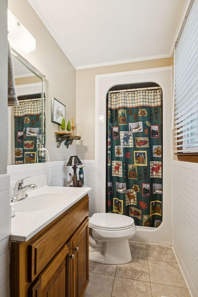 7180 Elrod Rd, Fairview, TN 37062 - full bath with vanity, ornamental molding, tile patterned floors, a shower with curtain, and a wainscoted wall