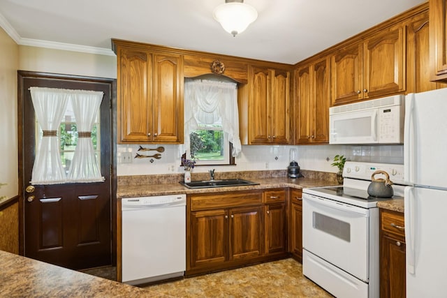 7180 Elrod Rd, Fairview, TN 37062 - kitchen featuring white appliances, brown cabinets, ornamental molding, and backsplash