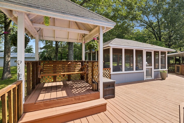 7180 Elrod Rd, Fairview, TN 37062 - wooden deck with a sunroom, a gazebo, and view of scattered trees
