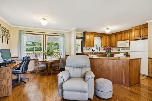 7180 Elrod Rd, Fairview, TN 37062 - kitchen featuring white appliances, wood finished floors, crown molding, plenty of natural light, and brown cabinetry