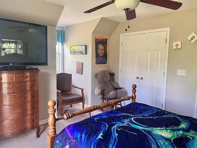 4038 Mount Zion Rd, Morrison, TN 37357 - carpeted bedroom featuring a ceiling fan, a closet, and a textured ceiling