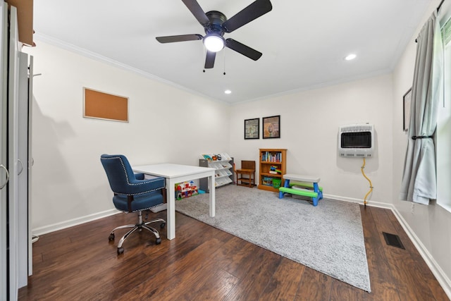 1704 Christi Ave, Chapel Hill, TN 37034 - office area featuring heating unit, ornamental molding, dark wood-type flooring, recessed lighting, and ceiling fan
