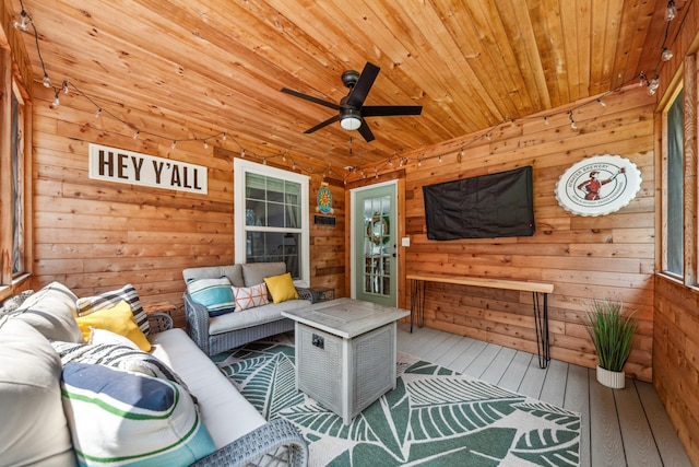 1704 Christi Ave, Chapel Hill, TN 37034 - living area featuring hardwood / wood-style floors, wooden ceiling, wooden walls, and a ceiling fan